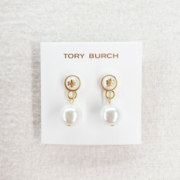 Tory Burch Saher Logo Drop Earrings Ivory/Tory Gold OS - Picture 2 of 12